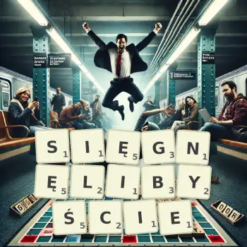 Kreatywna ilustracja do gry w Scrabble ze słowem SIĘGNĘLIBYŚCIE ułożonym z płytek na planszy.