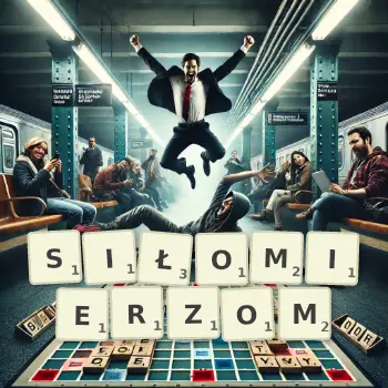 Kreatywna ilustracja do gry w Scrabble ze słowem SIŁOMIERZOM ułożonym z płytek na planszy.