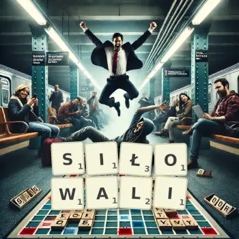 Kreatywna ilustracja do gry w Scrabble ze słowem SIŁOWALI ułożonym z płytek na planszy.