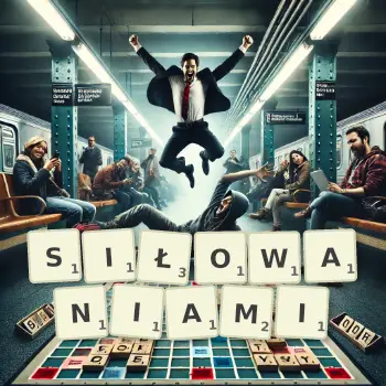Kreatywna ilustracja do gry w Scrabble ze słowem SIŁOWANIAMI ułożonym z płytek na planszy.