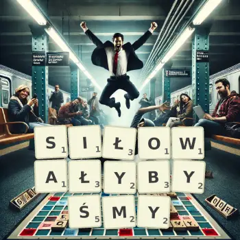 Kreatywna ilustracja do gry w Scrabble ze słowem SIŁOWAŁYBYŚMY ułożonym z płytek na planszy.