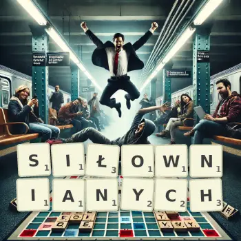 Kreatywna ilustracja do gry w Scrabble ze słowem SIŁOWNIANYCH ułożonym z płytek na planszy.