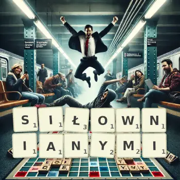 Kreatywna ilustracja do gry w Scrabble ze słowem SIŁOWNIANYMI ułożonym z płytek na planszy.