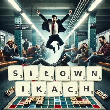 Kreatywna ilustracja do gry w Scrabble ze słowem SIŁOWNIKACH ułożonym z płytek na planszy.