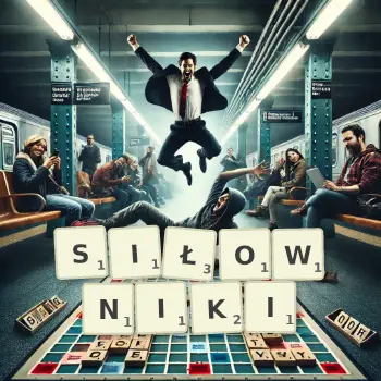 Kreatywna ilustracja do gry w Scrabble ze słowem SIŁOWNIKI ułożonym z płytek na planszy.