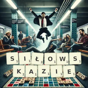 Kreatywna ilustracja do gry w Scrabble ze słowem SIŁOWSKAZIE ułożonym z płytek na planszy.