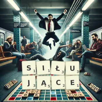 Kreatywna ilustracja do gry w Scrabble ze słowem SIŁUJĄCE ułożonym z płytek na planszy.