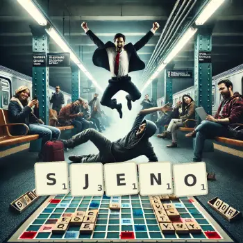 Kreatywna ilustracja do gry w Scrabble ze słowem SJENO ułożonym z płytek na planszy.