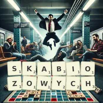 Kreatywna ilustracja do gry w Scrabble ze słowem SKABIOZOWYCH ułożonym z płytek na planszy.