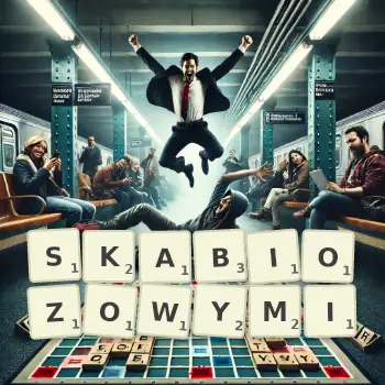 Kreatywna ilustracja do gry w Scrabble ze słowem SKABIOZOWYMI ułożonym z płytek na planszy.