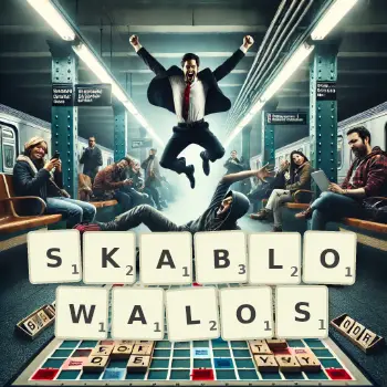 Kreatywna ilustracja do gry w Scrabble ze słowem SKABLOWALOS ułożonym z płytek na planszy.