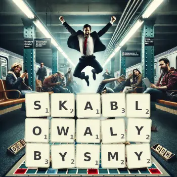 Kreatywna ilustracja do gry w Scrabble ze słowem SKABLOWALYBYSMY ułożonym z płytek na planszy.