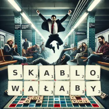 Kreatywna ilustracja do gry w Scrabble ze słowem SKABLOWAŁABY ułożonym z płytek na planszy.