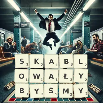 Kreatywna ilustracja do gry w Scrabble ze słowem SKABLOWAŁYBYŚMY ułożonym z płytek na planszy.