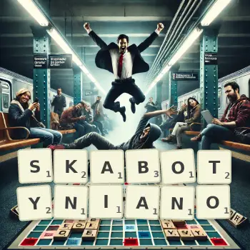 Kreatywna ilustracja do gry w Scrabble ze słowem SKABOTYNIANO ułożonym z płytek na planszy.