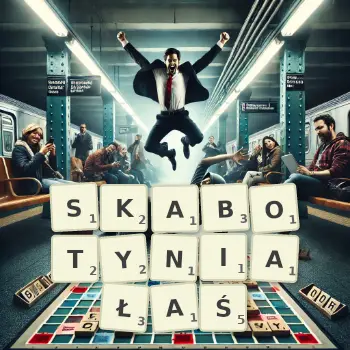 Kreatywna ilustracja do gry w Scrabble ze słowem SKABOTYNIAŁAŚ ułożonym z płytek na planszy.