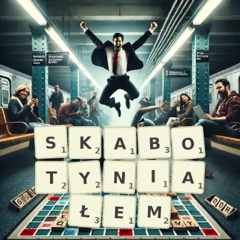 Kreatywna ilustracja do gry w Scrabble ze słowem SKABOTYNIAŁEM ułożonym z płytek na planszy.