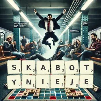 Kreatywna ilustracja do gry w Scrabble ze słowem SKABOTYNIEJĘ ułożonym z płytek na planszy.