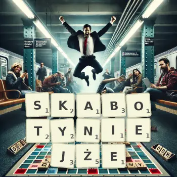 Kreatywna ilustracja do gry w Scrabble ze słowem SKABOTYNIEJŻE ułożonym z płytek na planszy.