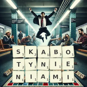 Kreatywna ilustracja do gry w Scrabble ze słowem SKABOTYNIENIAMI ułożonym z płytek na planszy.