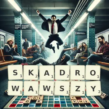 Kreatywna ilustracja do gry w Scrabble ze słowem SKADROWAWSZY ułożonym z płytek na planszy.