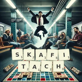 Kreatywna ilustracja do gry w Scrabble ze słowem SKAFITACH ułożonym z płytek na planszy.