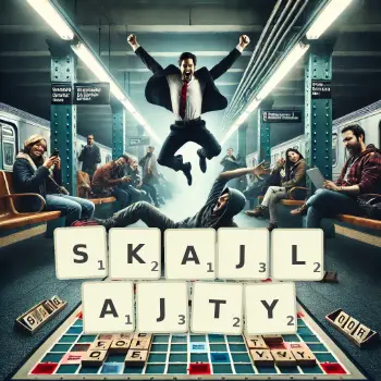 Kreatywna ilustracja do gry w Scrabble ze słowem SKAJLAJTY ułożonym z płytek na planszy.