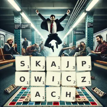 Kreatywna ilustracja do gry w Scrabble ze słowem SKAJPOWICZACH ułożonym z płytek na planszy.