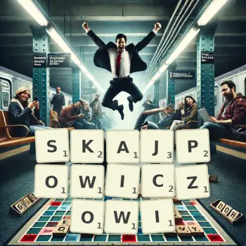 Kreatywna ilustracja do gry w Scrabble ze słowem SKAJPOWICZOWI ułożonym z płytek na planszy.