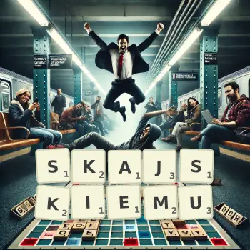 Kreatywna ilustracja do gry w Scrabble ze słowem SKAJSKIEMU ułożonym z płytek na planszy.