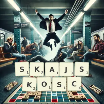 Kreatywna ilustracja do gry w Scrabble ze słowem SKAJSKOSC ułożonym z płytek na planszy.