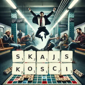 Kreatywna ilustracja do gry w Scrabble ze słowem SKAJSKOSCI ułożonym z płytek na planszy.