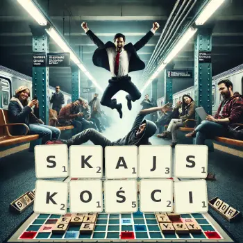 Kreatywna ilustracja do gry w Scrabble ze słowem SKAJSKOŚCI ułożonym z płytek na planszy.