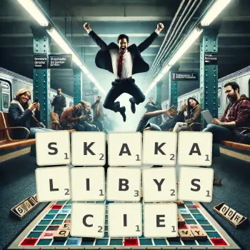 Kreatywna ilustracja do gry w Scrabble ze słowem SKAKALIBYSCIE ułożonym z płytek na planszy.