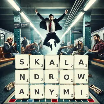 Kreatywna ilustracja do gry w Scrabble ze słowem SKALANDROWANYMI ułożonym z płytek na planszy.