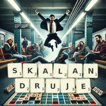 Kreatywna ilustracja do gry w Scrabble ze słowem SKALANDRUJE ułożonym z płytek na planszy.