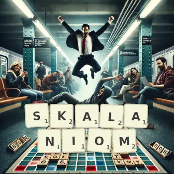 Kreatywna ilustracja do gry w Scrabble ze słowem SKALANIOM ułożonym z płytek na planszy.