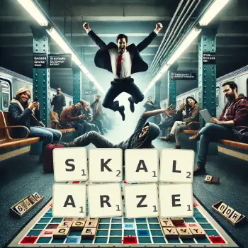 Kreatywna ilustracja do gry w Scrabble ze słowem SKALARZE ułożonym z płytek na planszy.