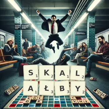 Kreatywna ilustracja do gry w Scrabble ze słowem SKALAŁBY ułożonym z płytek na planszy.