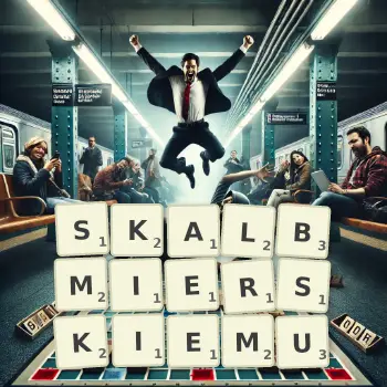 Kreatywna ilustracja do gry w Scrabble ze słowem SKALBMIERSKIEMU ułożonym z płytek na planszy.