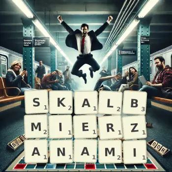 Kreatywna ilustracja do gry w Scrabble ze słowem SKALBMIERZANAMI ułożonym z płytek na planszy.