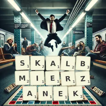 Kreatywna ilustracja do gry w Scrabble ze słowem SKALBMIERZANEK ułożonym z płytek na planszy.