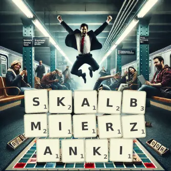 Kreatywna ilustracja do gry w Scrabble ze słowem SKALBMIERZANKI ułożonym z płytek na planszy.