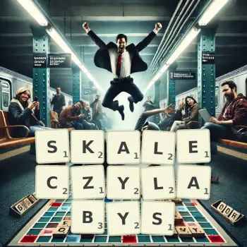 Kreatywna ilustracja do gry w Scrabble ze słowem SKALECZYLABYS ułożonym z płytek na planszy.