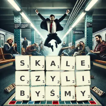 Kreatywna ilustracja do gry w Scrabble ze słowem SKALECZYLIBYŚMY ułożonym z płytek na planszy.