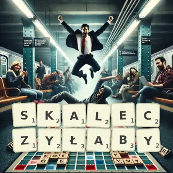 Kreatywna ilustracja do gry w Scrabble ze słowem SKALECZYŁABY ułożonym z płytek na planszy.