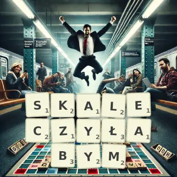 Kreatywna ilustracja do gry w Scrabble ze słowem SKALECZYŁABYM ułożonym z płytek na planszy.