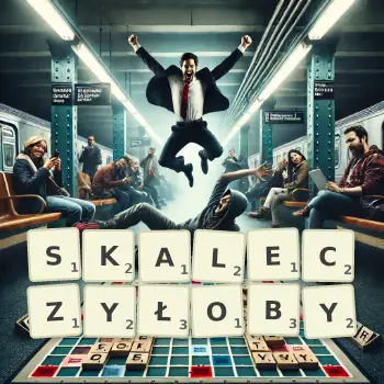 Kreatywna ilustracja do gry w Scrabble ze słowem SKALECZYŁOBY ułożonym z płytek na planszy.