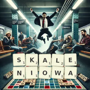 Kreatywna ilustracja do gry w Scrabble ze słowem SKALENIOWA ułożonym z płytek na planszy.