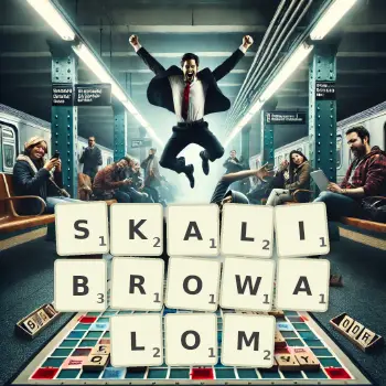 Kreatywna ilustracja do gry w Scrabble ze słowem SKALIBROWALOM ułożonym z płytek na planszy.